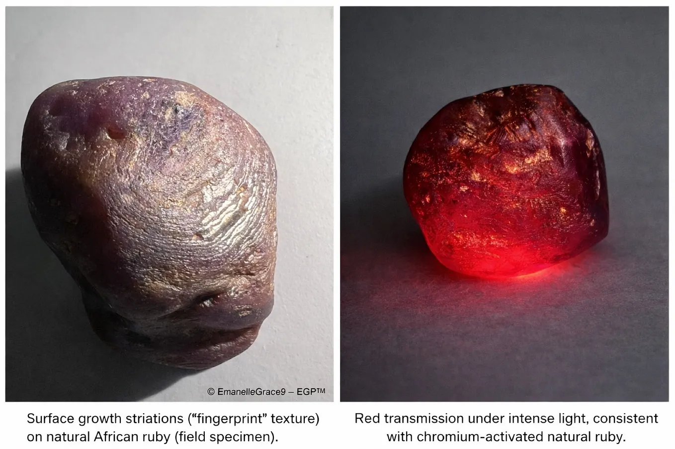 Rough corundum (ruby variety) field specimen showing pronounced natural growth striations across the surface.