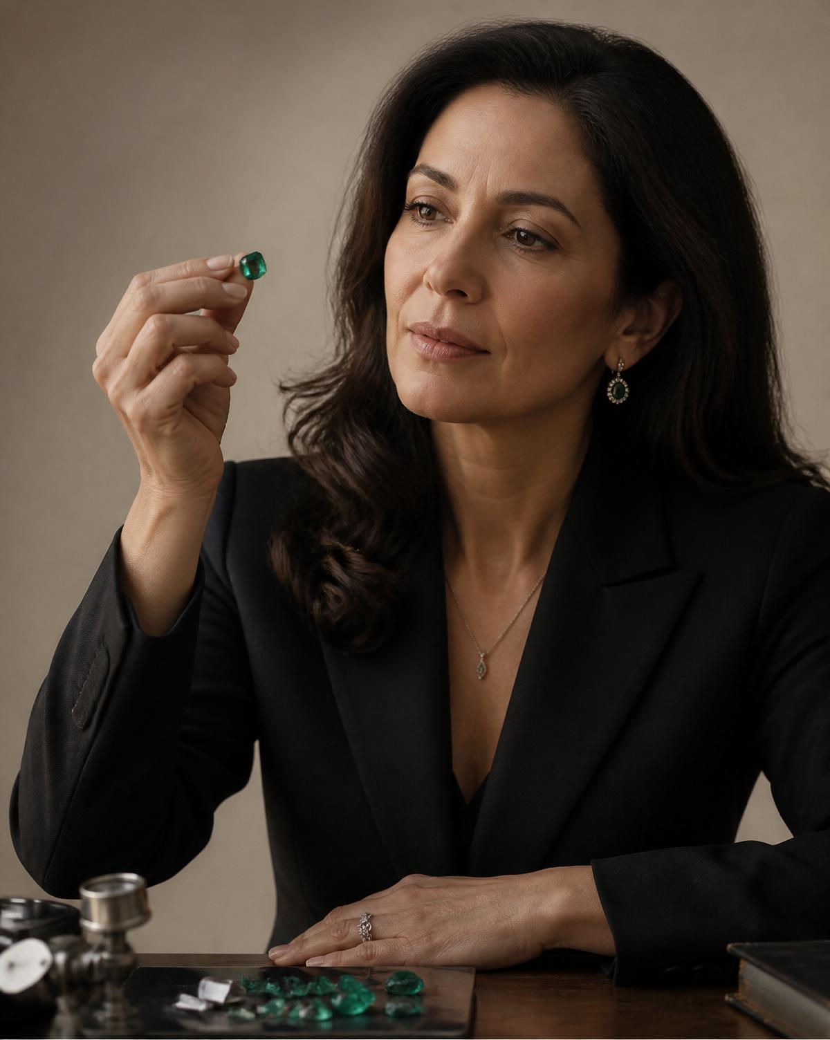 Eman Galeb Hamza, founder of EGP™, examining an emerald