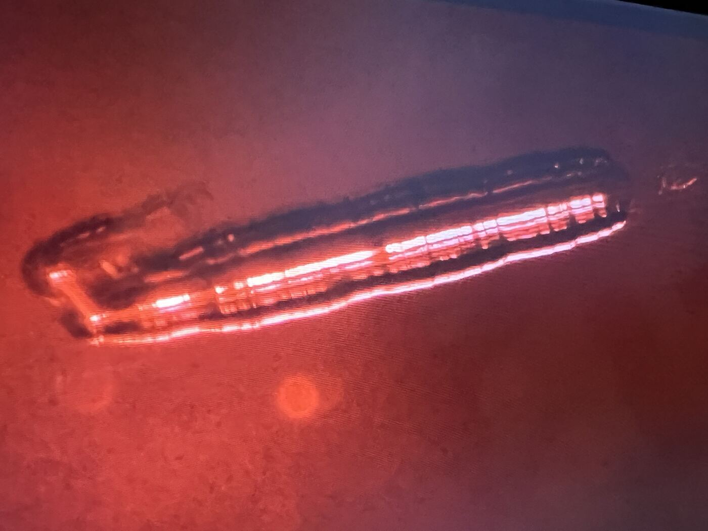 Elongated torpedo-shaped gas bubble in a specimen recorded as synthetic ruby
