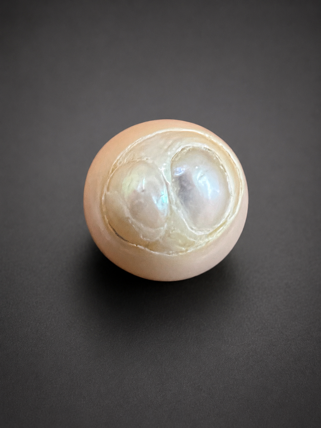 A pearl showing a distinct twin internal structure with nacre layering and internal growth architecture